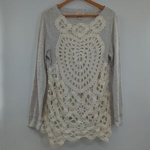🎉 Sundance Boho Crochet Overlay Front Pullover Sweatshirt Top